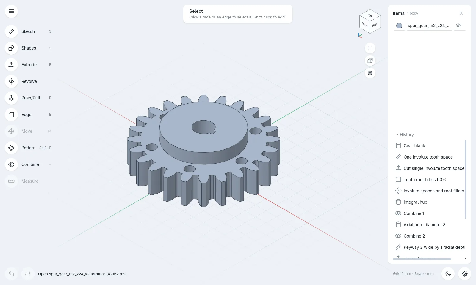 A gear made by an AI agent, open in formbar with its history.